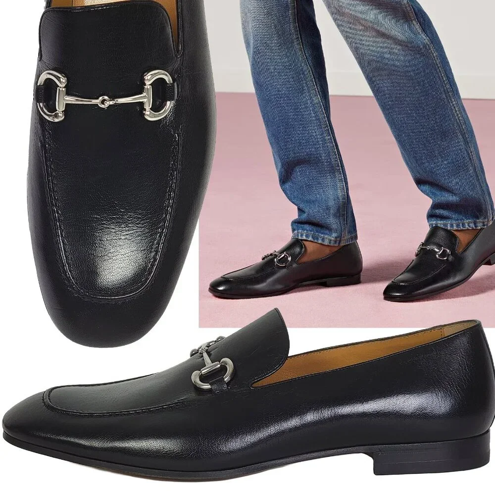 GUCCI SHOES MENS BLACK LEATHER LOAFERS w SILVER TONE HORSEBIT sz 13 13.5 US - Picture 1 of 15